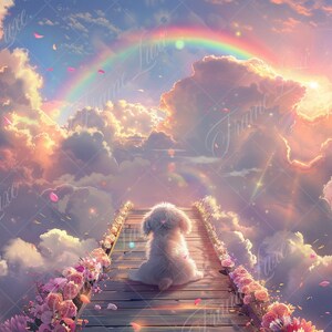 May include: A white dog sits on a wooden jetty with pink flowers on either side, looking out at a rainbow in a cloudy sky.
