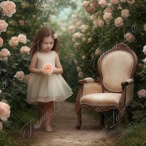 Rose Garden digital background, nature Path, Vintage Armchair,  Fine Art portrait digital backdrop, creative composite, Photography overlay