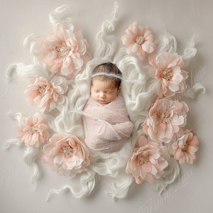 Newborn Digital Backdrop, Baby Girl Peach Cream Flowers, Spring Floral Composite digital background, Photoshop Overlays, Studio Background