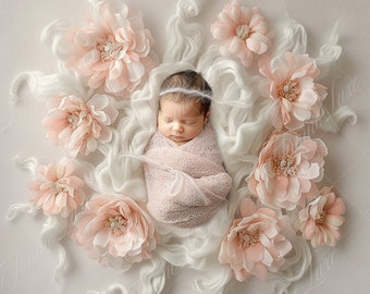 May include: A newborn baby wrapped in a pink swaddle, sleeping peacefully on a white fluffy background surrounded by delicate pink flowers.