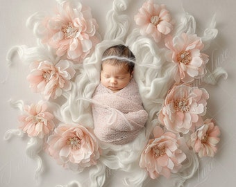 Newborn Digital Backdrop, Baby Girl Peach Cream Flowers, Spring Floral Composite digital background, Photoshop Overlays, Studio Background