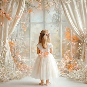 May include: A young girl in a white tulle dress with a peach-colored bow stands in front of a window decorated with white and peach flowers. The girl is looking out the window.