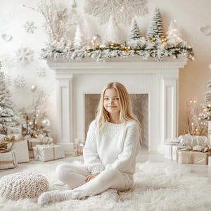 Può includere: Una ragazza giovane con un maglione bianco è seduta su un tappeto bianco e soffice davanti a un camino bianco decorato con una ghirlanda innevata e alberi di Natale. Il camino è decorato con luci e la stanza è piena di decorazioni natalizie bianche.