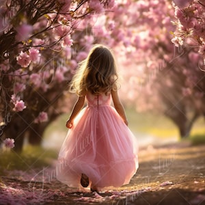 春の桜の木の小道の背景、ファインアートのポートレート写真のデジタル背景、花の合成、Photoshop オーバーレイ、ピンクの花