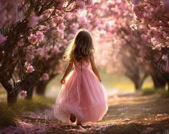 Fond de sentier de cerisier de printemps, toile de fond numérique de photographie de portrait d'art, composite de fleurs, superposition de Photoshop, fleurs roses