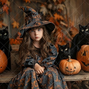 Halloween Black Cat and Pumpkins digital background, Studio portrait photography backdrop, children creative composite, Photoshop overlay