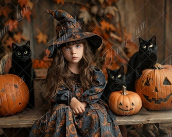 Può includere: Una bambina vestita da strega con un cappello nero a punta e un lungo vestito nero è seduta su una panca di legno con tre gatti neri e zucche.