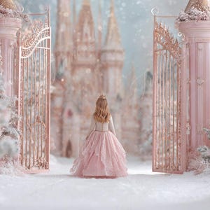 May include: A young person in a pink dress and gold crown stands before ornate pink gates leading to a fairytale castle. The scene is set in a snowy landscape with decorative trees and architectural details.