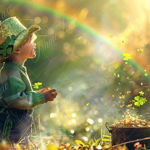 May include: A young child wearing a green sweater and a sparkly green hat with a shamrock on it, is looking up at a pot of gold with shamrocks falling out of it.