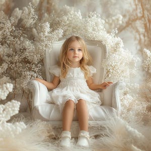 Pode incluir: Uma menina com um vestido branco está sentada em uma cadeira branca cercada por flores brancas. Ela está olhando para a câmera com uma expressão doce.