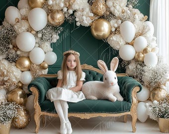 Easter Hare on Green Couch Balloon Arch digital background, portrait photography backdrop, holiday creative composite, Photoshop overlay