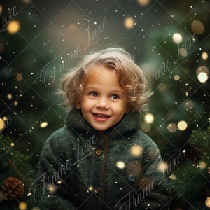 May include: A young child with blonde curly hair wearing a green jacket smiles and looks up at the camera. The background is a blurred image of a Christmas tree with twinkling lights and falling snow.