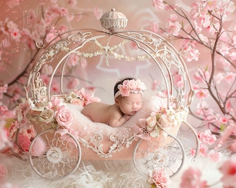Newborn digital background, Pink Princess Cart, Flower Pram, Fine Art photography digital backdrop, Photography overlays, Creative Composite