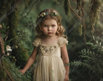 Fond numérique de forêt d'été de mauvaise humeur, toile de fond numérique de photographie de portrait d'art, composite créatif de photo d'enfants, superposition de Photoshop