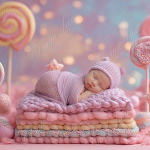 Puede incluir: Un bebé recién nacido dormido, envuelto en una manta y gorro lavanda, descansa sobre una pila de mantas de colores pastel. La escena está decorada con grandes piruletas coloridas y caramelos en forma de estrella, creando un ambiente caprichoso y soñador.