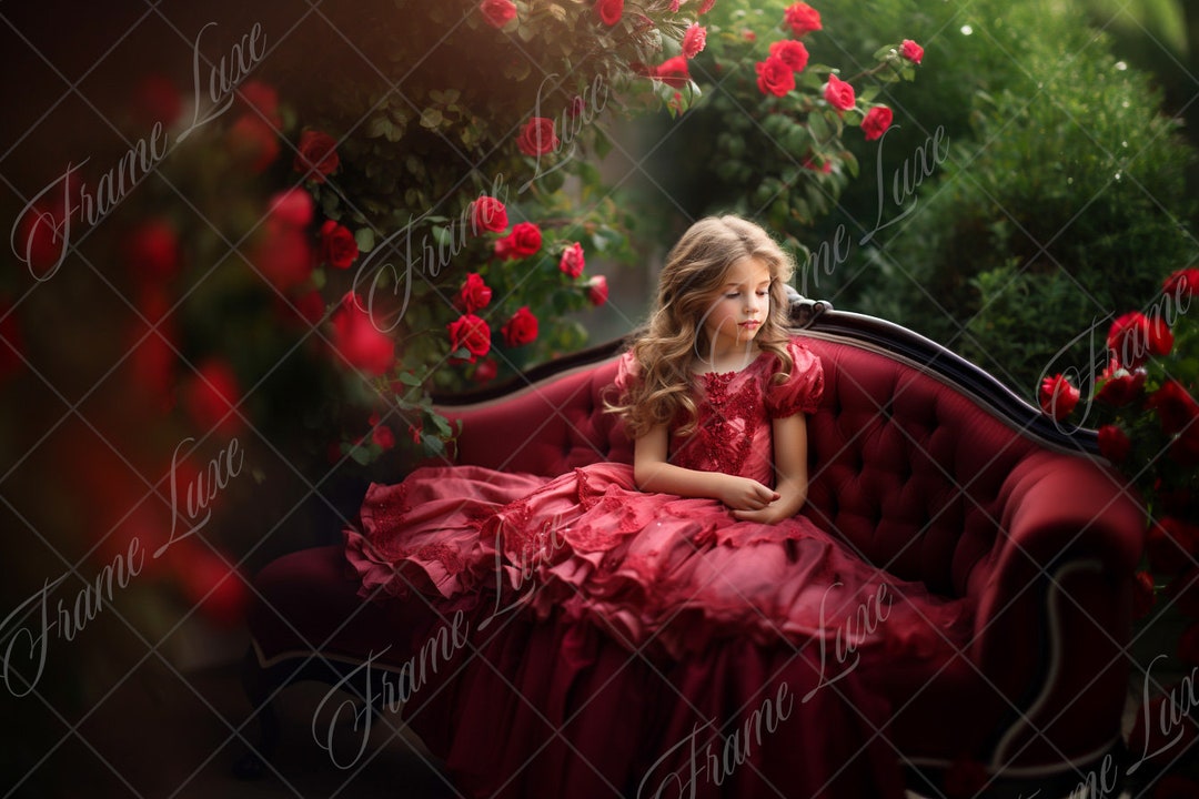 Vintage Couch in Red Rose Garden Digital Background, Fine Art Portrait ...