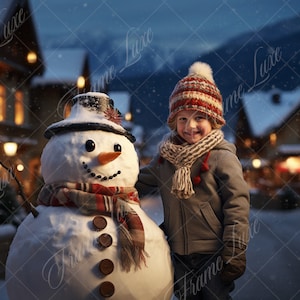 Christmas Snowman in Winter Town digital background, Enchanted Frosty Woods Composite,Fine Art Holiday digital backdrop,Photography Overlays