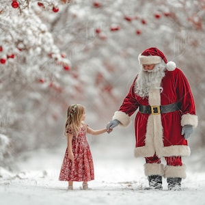 May include: Santa Claus in a red suit with white trim holds hands with a young girl wearing a red dress in a snowy winter woodland setting.