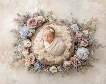 Newborn Digital Backdrop, Fine Art Muted Flower Basket, Baby Girl, Floral Composite digital background, Photoshop Overlays,Studio Background