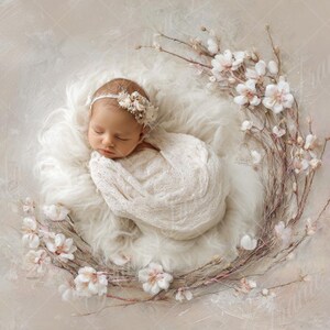 Newborn digital background, Baby Girl White Flower on Beige, Fine Art photography digital backdrop, Photography overlays, Creative Composite
