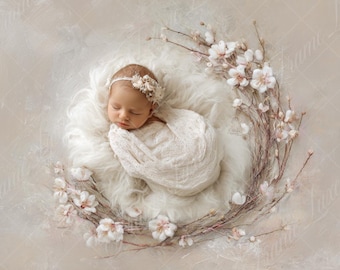 Newborn digital background, Baby Girl White Flower on Beige, Fine Art photography digital backdrop, Photography overlays, Creative Composite