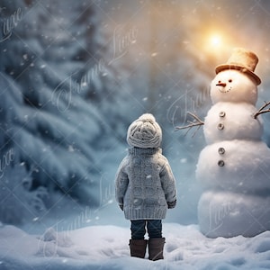 Winter Wonderland Snowman digital background, Enchanted Frosty Woods Composite, Fine Art Holiday digital backdrop, Outdoor Portrait Overlays