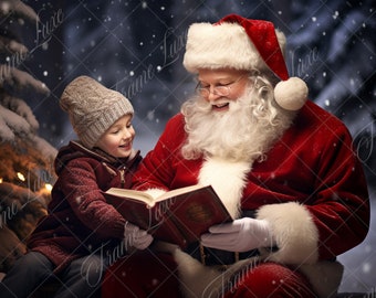 Christmas Santa Reading Book Digital Background, Fine Art Holiday portrait digital backdrop, festive Christmas composite, Photoshop overlay