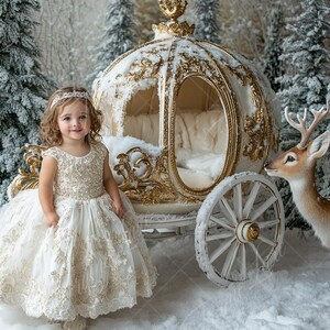 Fundo digital Princess Cart in Winter Woods, cenário digital de retrato de férias de belas artes, composição festiva de Natal, sobreposição de Photoshop