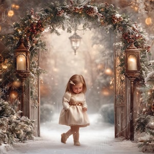 May include: A young girl in a white dress walks through a snowy, winter wonderland. The scene is lit by twinkling lights and lanterns, creating a magical atmosphere. The girl is surrounded by snow-covered trees and a wooden archway decorated with greenery.