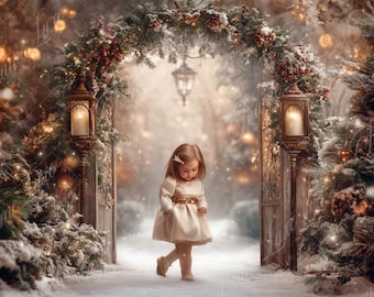 Christmas Rustic Arch Door digital background, Holiday portrait digital backdrop, festive creative children composite, photoshop overlay