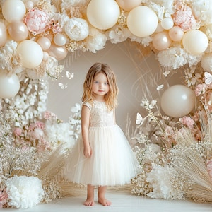 White Pink Floral Balloon Arch digital background, Kids portrait photography digital backdrop, Cake Smash,Studio composite,Photoshop overlay