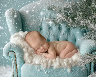 Newborn digital background, Blue Sofa Chair with Snowflakes, Fine Art photography digital backdrop, Photography overlays, Creative Composite