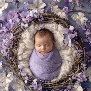 May include: A newborn baby is sleeping peacefully in a purple swaddle, nestled in a nest of twigs and purple flowers. The baby is surrounded by white and purple flowers.