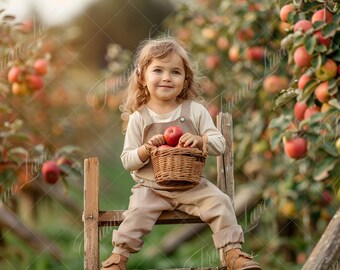 Harvest Apple Orchard with Wooden Ladder digital background, Summer Kids portrait digital backdrop, creative composite, Photography overlay