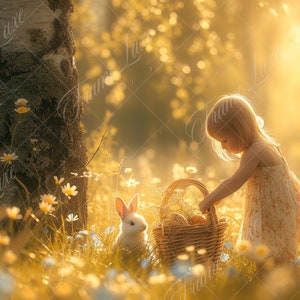 Spring Easter Bunny digital background, Golden Hour Sunset,Fine Art Kids photography digital backdrop, creative composite,Photoshop overlays