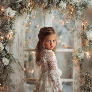 Peut inclure: Une jeune fille vêtue d'une robe en dentelle blanche se tient devant une fenêtre rustique ornée de fleurs blanches et de verdure. La scène est éclairée par de douces lumières scintillantes, créant une atmosphère de rêve et de fête. La fille a les cheveux châtain clair.