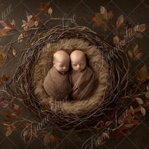 May include: A newborn photography prop featuring two swaddled babies nestled in a rustic nest. The nest is surrounded by autumn leaves and branches, creating a warm, earthy aesthetic. The babies are wrapped in brown blankets.