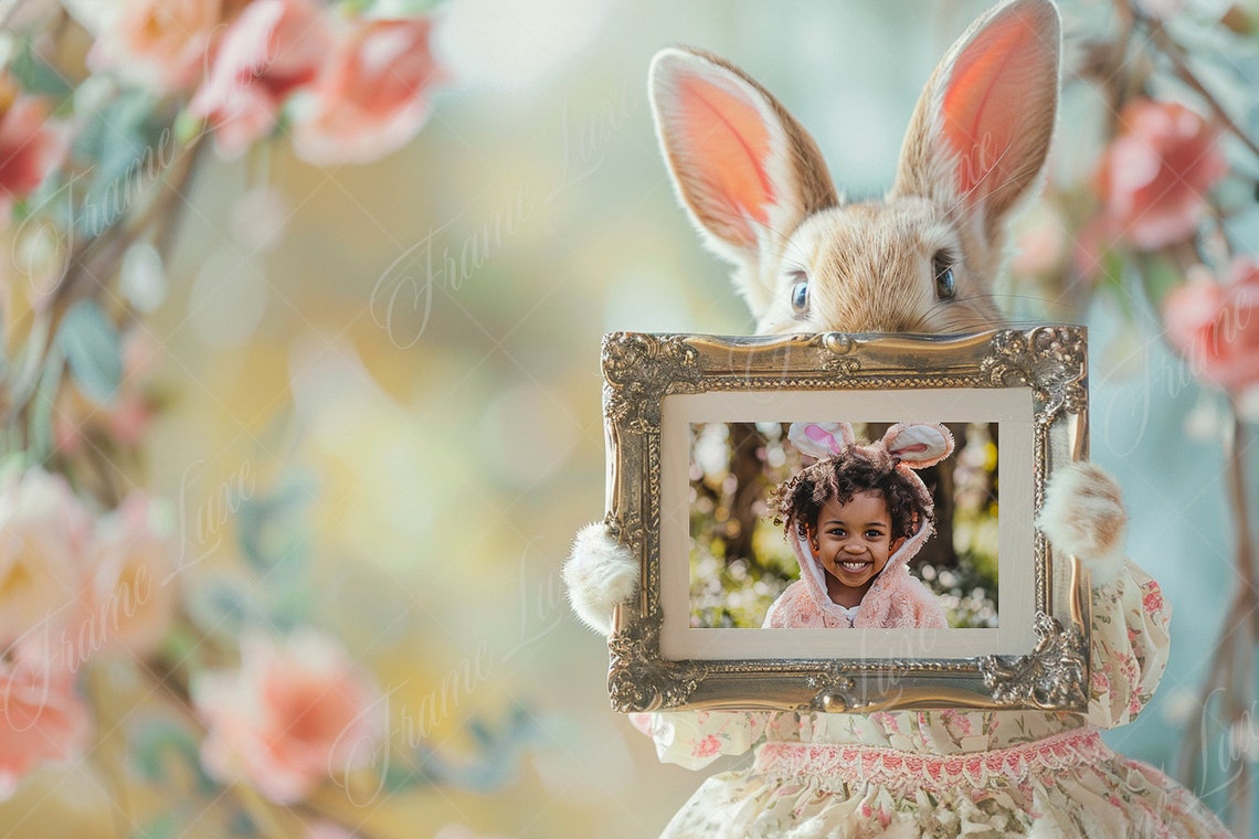 Easter Frame Rabbit Easter Bunny Photo Frame Overlay PNG, Spring Floral, Composite Digital ...