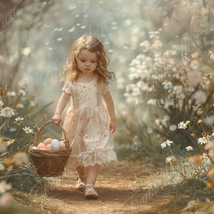 May include: A young girl in a white floral dress walks through a field of daisies, carrying a wicker basket filled with colorful Easter eggs.