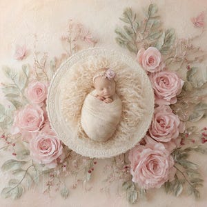 May include: A newborn baby wrapped in a cream-colored blanket, nestled in a fluffy, cream-colored nest. The baby is surrounded by pink roses, green leaves, and decorative butterflies on a light pink background.