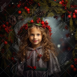 May include: A young girl with long blonde hair wears a gray dress with a red bow and a red berry wreath. The background is a dark green garland with red berries and pine needles.