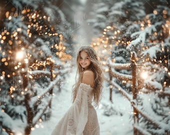 May include: A young woman with long blonde hair smiles as she stands in a snowy woodland. The trees are decorated with twinkling lights and the ground is covered in snow.