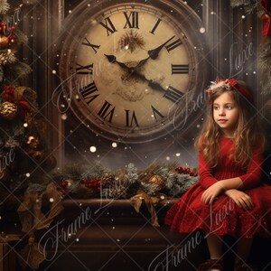 May include: A young girl in a red dress sits in front of an antique clock with a Christmas tree and decorations behind her. The clock face is visible and the hands are pointing to almost midnight. Snowflakes are falling in the background.
