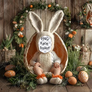 May include: A baby wearing a white bunny costume sits inside a brown egg-shaped prop. The baby is surrounded by green foliage and brown Easter eggs. The background is a rustic wooden wall with a wreath of green leaves and orange flowers.