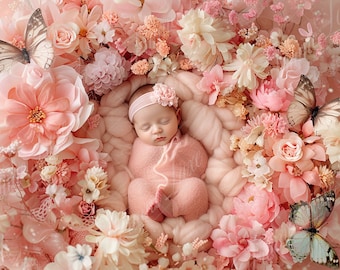 Newborn Digital Backdrop, Butterfly and Pink Flowers, Fine Art Newborn Composite digital background, Photoshop Overlays, Studio Background