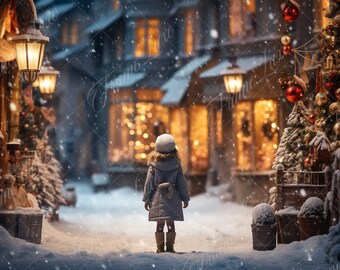 Winter Christmas Street digital background, Fine Art portrait photography digital backdrop, fantasy Studio composite, Photoshop overlay