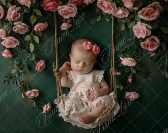 Newborn Pink Rose Swing digital background, Fine Art portrait photography digital backdrop, fantasy creative composite, Photoshop overlay