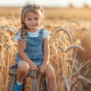 May include: A young girl with blonde braids sits on a wooden stool in a field of wheat. She is wearing a blue denim overall dress with a white t-shirt underneath. She is looking at the camera with a smile.