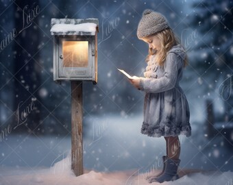 Christmas Mail Box digital background, Whimsical holiday portrait digital backdrop, festive Christmas composite, Snowy Winter Xmas Trees