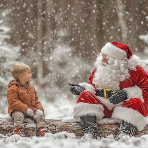 May include: Santa Claus in a red suit with a white beard and a young boy in a brown jacket are sitting on a log in a snowy forest. Snow is falling around them.